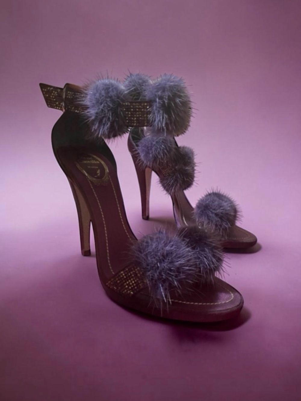 Rene’ Caovilla Purple High Heels with Fur Accents